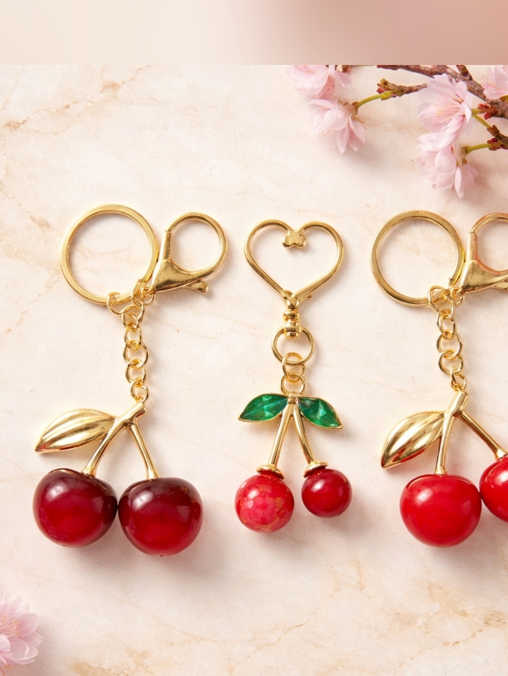 Gold Cherry Keychain - Red Cherry Charm Keyring
